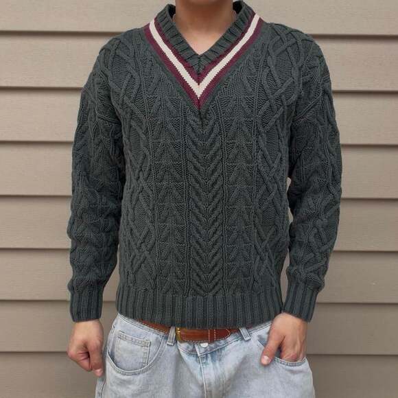 Vintage Regatta Sport Green Cable Knit V-Neck Sweater, XL — Old Money Style - Picture 2 of 7